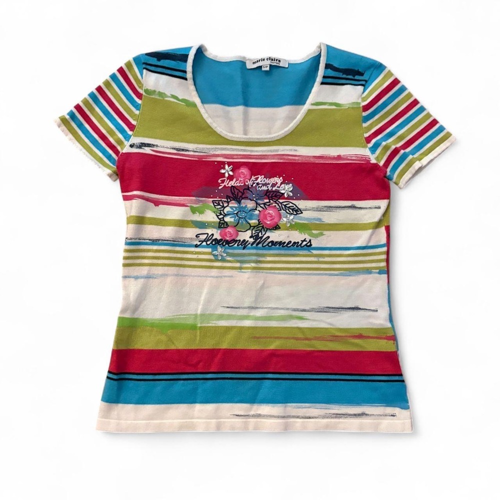 Vintage Marie Claire Y2K Striped Floral Rhinestone Top Small Multi Color